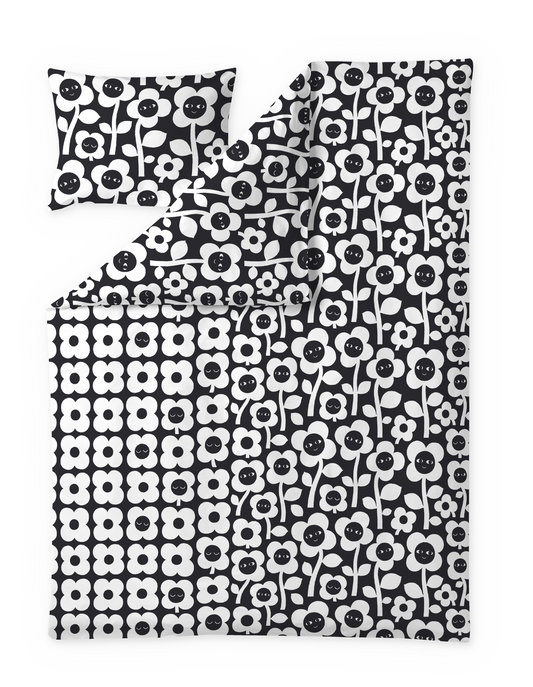 60652-5492-01-06; Finlayson Kukkariemu Pussilakanasetti Musta / Valkoinen / 150x210 + 50x60 cm 