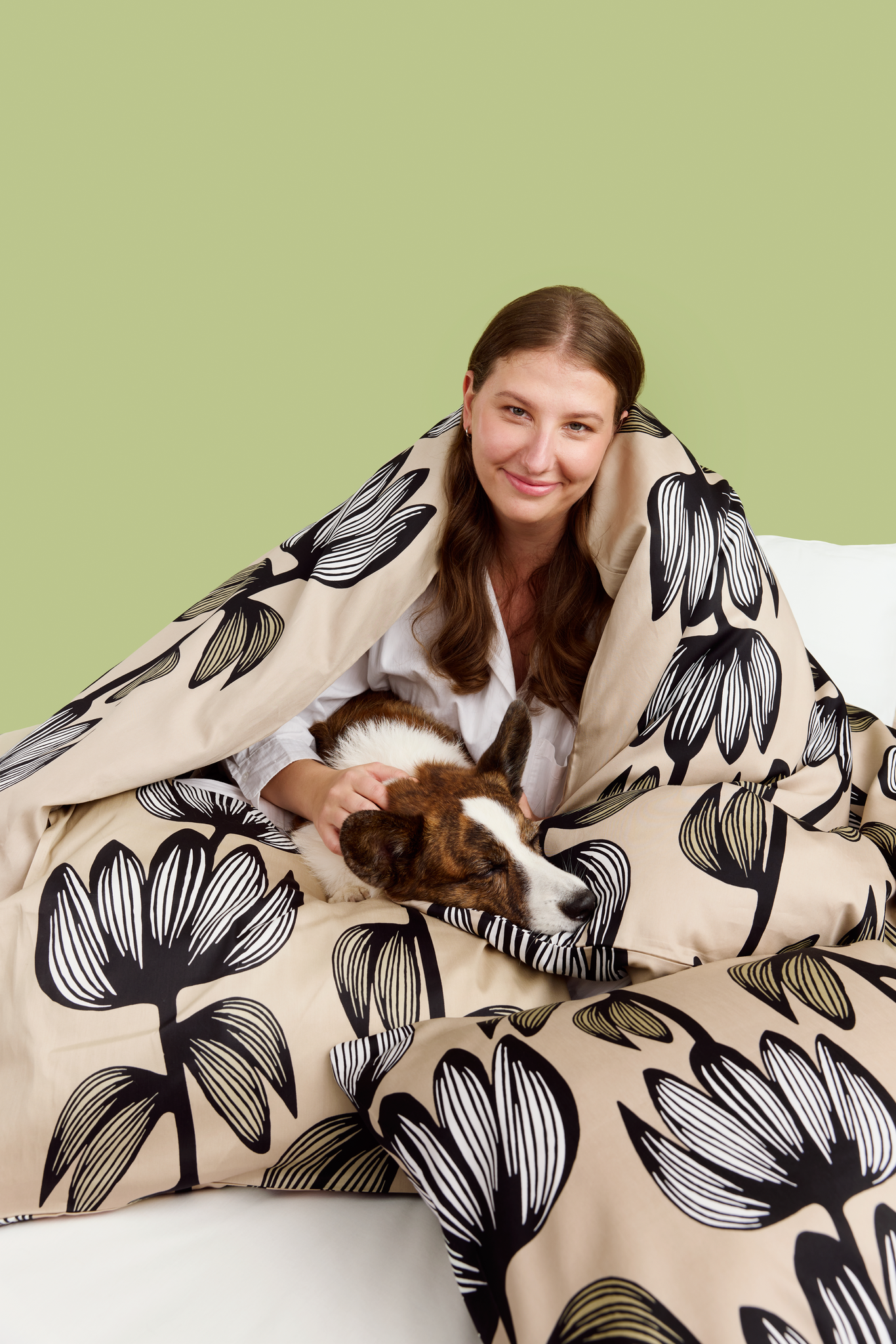 60712-4908-15-06_1; Finlayson Alma Satiinipussilakanasetti Beige / Vihreä / 150x210 + 50x60 cm 