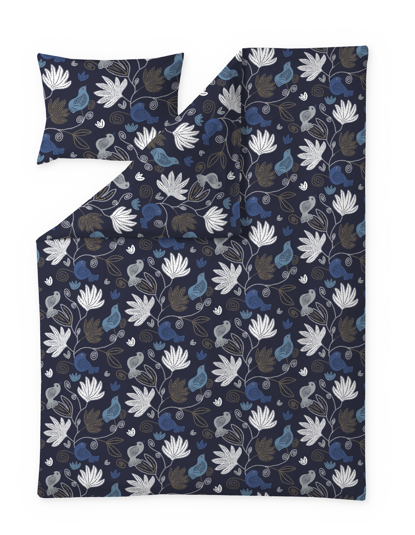 60652-4792-09-06; Finlayson Helmilintu Pussilakanasetti Tummansininen / Kulta / 150x210 + 50x60 cm 