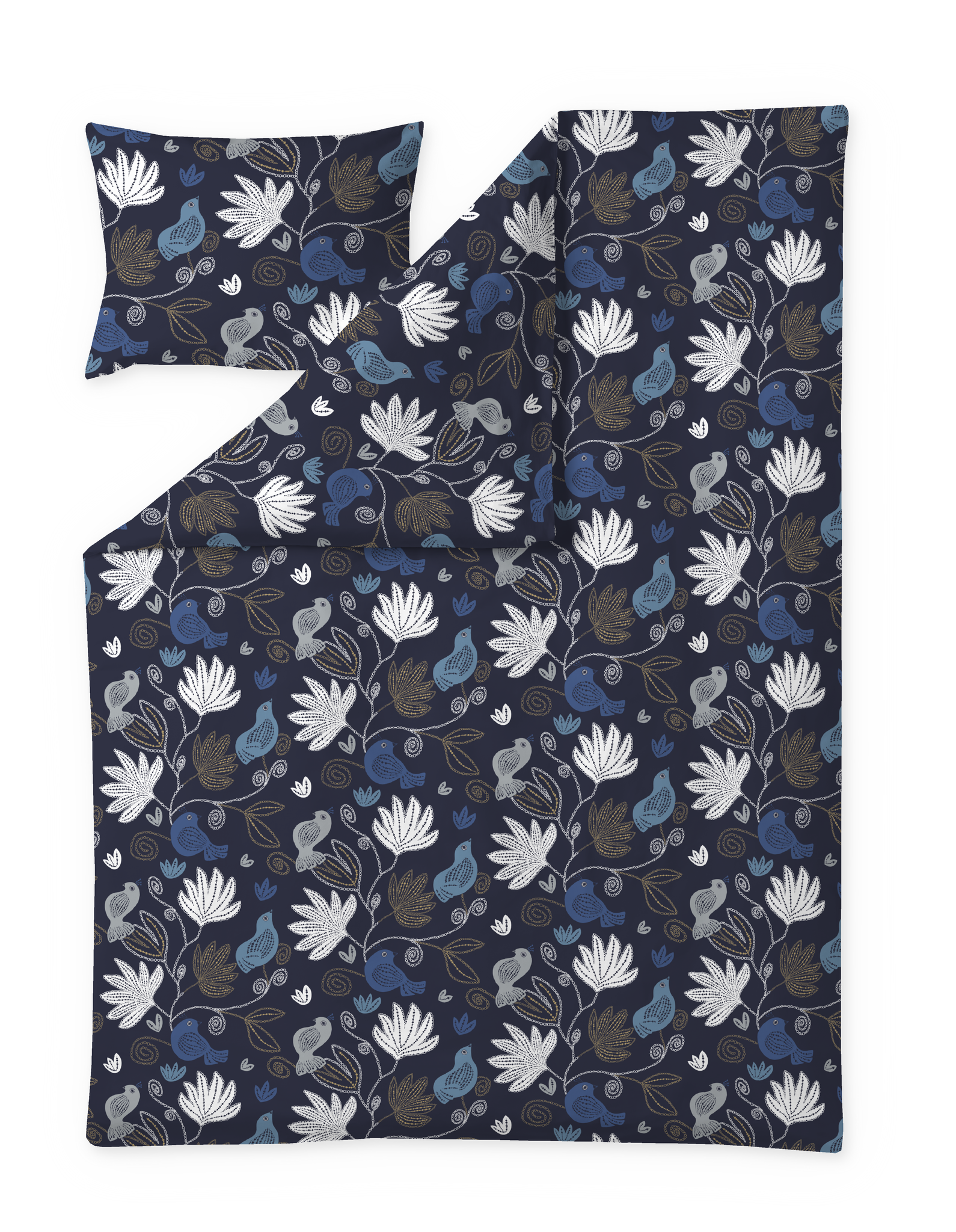 60652-4792-09-06; Finlayson Helmilintu Pussilakanasetti Tummansininen / Kulta / 150x210 + 50x60 cm 